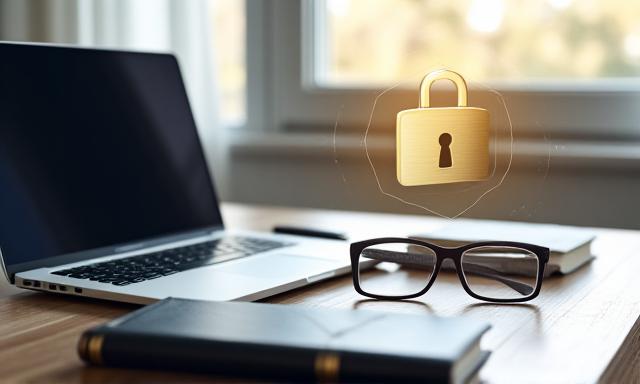 A professional workstation with a secure laptop and digital signature icon
